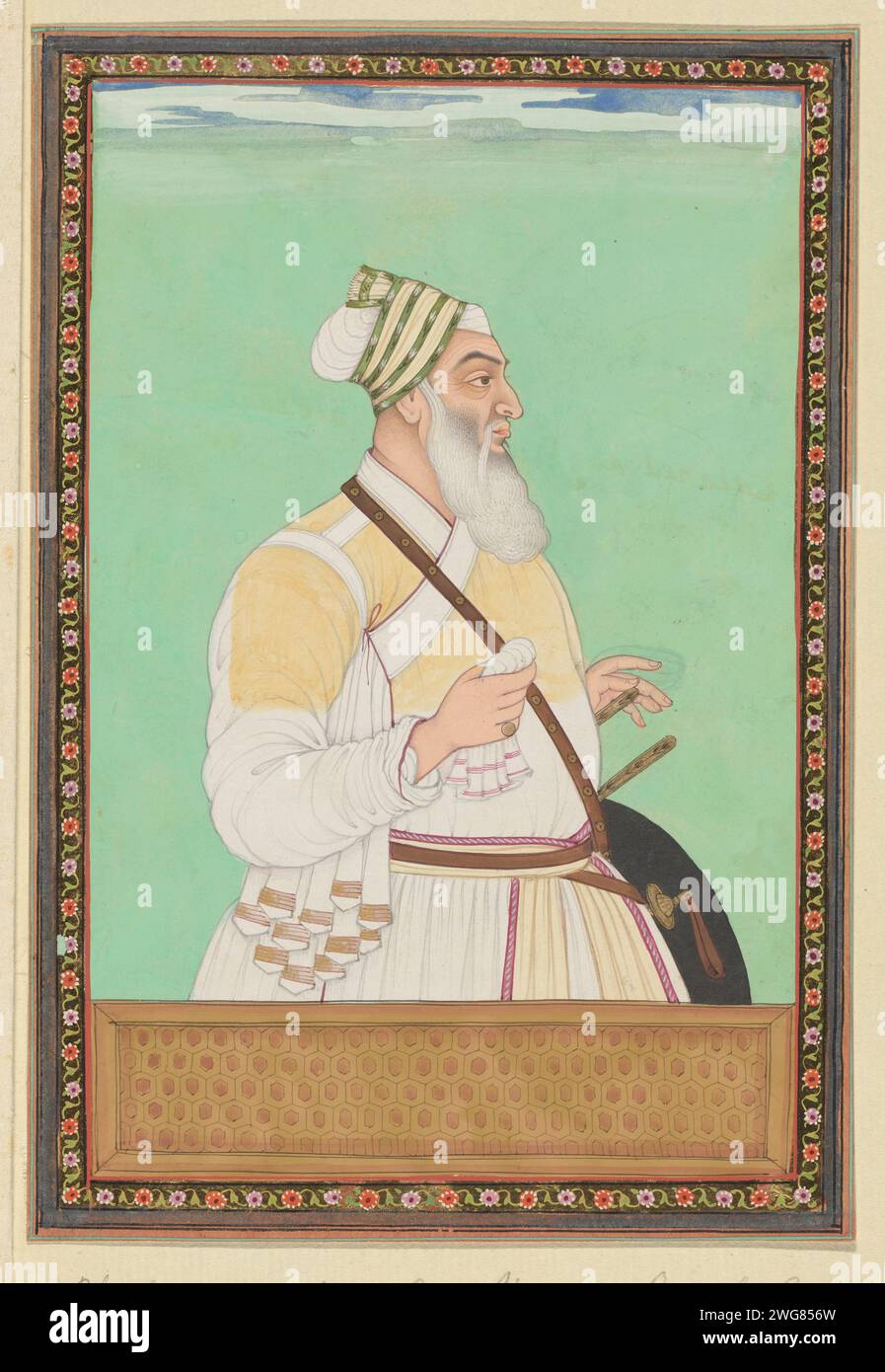 Portrait of Fath Jang Khan, De Grootvizier van Aurangzeb, c. 1686 drawing. Indian miniature Fath Jang Khan is depicted up to his hips, used to half to the right, with a cloth in the right hand. Page 2 in the `Witsen-Album ', with 49 Indian miniatures of princes. Above the portrait a piece of paper with the name in Persian. Under the portrait a piece of paper with the name in the Portuguese. Golkonda paper. deck paint. gold leaf. gouache (paint) brush ruler, sovereign. historical person (...) - historical person (...) portrayed alone Stock Photo